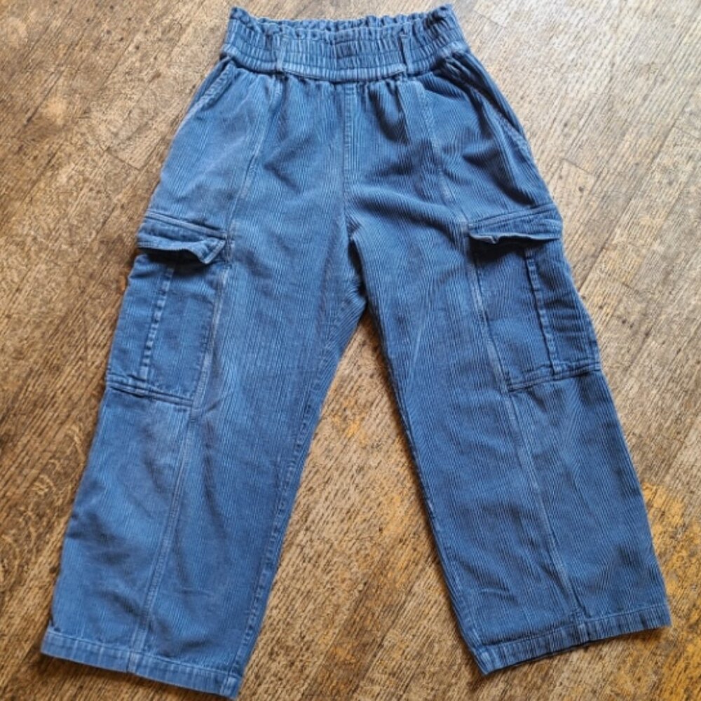 BACK BEAT CO. ORGANIC COTTON CORDUROY CARGO PANTS sz S - RARE! STEEL BLUE/GRAY!